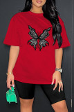 Red Casual Print Basic O Neck Short Sleeve Two Pieces