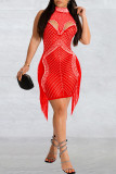 Red Sexy Patchwork Hot Drilling Tassel Hollowed Out See-through Mandarin Collar Sleeveless Dress Dresses