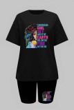 Black Casual Print Basic O Neck Short Sleeve Two Pieces