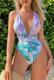 Purple Sexy Print Frenulum Backless Swimwears (With Paddings)