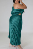 Green Elegant Solid Patchwork Draw String Fold Oblique Collar One Step Skirt Plus Size Dresses