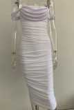 White Elegant Solid Patchwork Fold Strapless Sheath Dresses