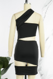 Black Sexy Solid Hollowed Out Fold Oblique Collar One Step Skirt Dresses