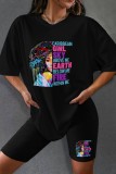 Black Casual Print Basic O Neck Short Sleeve Two Pieces