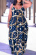 Tibetan Blue Sexy Casual Print Backless Spaghetti Strap Long Dress Dresses