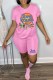 Pink Casual Character Print Letter O Neck Short Sleeve Two Pieces