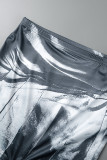 Grey Casual Print Basic O Neck Short Sleeve Two Pieces (Without Belt)