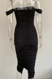 Black Elegant Solid Patchwork Fold Strapless Sheath Dresses