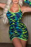 Orange Sexy Print Backless U Neck Sling Dress (With Sleeves)
