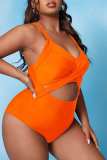 Orange Sexy Solid Hollowed Out Backless Spaghetti Strap Plus Size Swimwear (With Paddings)