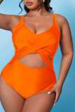 Orange Sexy Solid Hollowed Out Backless Spaghetti Strap Plus Size Swimwear (With Paddings)
