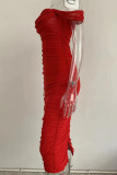Red Elegant Solid Patchwork Fold Strapless Sheath Dresses