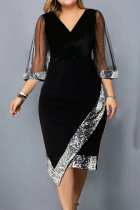 Black Casual Patchwork Sequins V Neck Irregular Dress Dresses