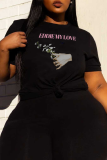 Black Daily Vintage Print Letter O Neck T-Shirts