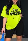 Fluorescent Green Casual Print Basic O Neck Short Sleeve Two Pieces