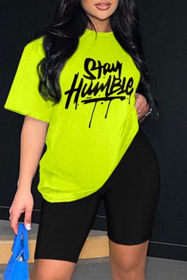 Fluorescent Green Casual Print Basic O Neck Short Sleeve Two Pieces
