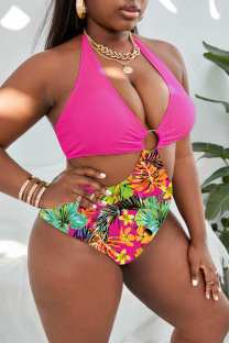 Rose Red Sexy Print Solid Backless Halter Plus Size Swimwear (With Paddings)