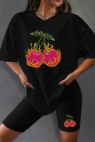 Black Casual Print Basic O Neck Short Sleeve Two Pieces