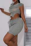 Grey Sexy Solid Asymmetrical Hooded Collar Sleeveless Two Pieces