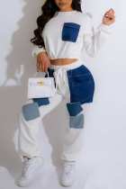 White Casual Patchwork Basic O Neck Long Sleeve Two Pieces