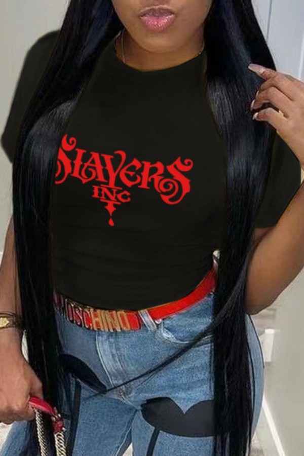 Black Casual Print Basic O Neck T-Shirts
