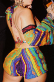 Colour Sexy Print Patchwork Frenulum Backless Halter Sleeveless Two Pieces(Three Pieces)