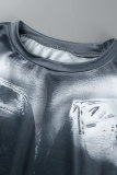 Grey Casual Print Basic O Neck Short Sleeve Two Pieces (Without Belt)