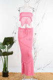 Pink Sexy Solid Backless Slit Strapless Sleeveless Two Pieces