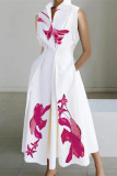 White Red Casual Print Patchwork Buttons Fold Mandarin Collar A Line Dresses