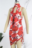 Rose Red Sexy Print Backless Fold Spaghetti Strap Sleeveless Dress Dresses