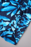 Blue Sexy Print Hollowed Out Patchwork Frenulum Backless Halter Sleeveless Dress Dresses