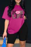 Rose Red Casual Letter Print Basic O Neck Short Sleeve Two Pieces