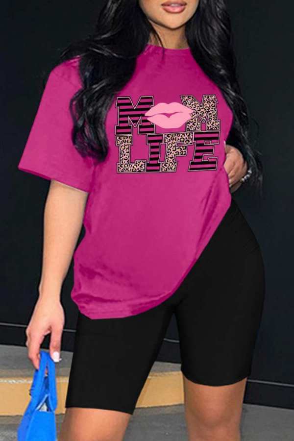 Rose Red Casual Letter Print Basic O Neck Short Sleeve Two Pieces