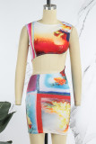 Red Sexy Print Hollowed Out Backless Asymmetrical O Neck Sleeveless Dress Dresses