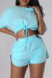 Pink Casual Solid Frenulum Basic O Neck Short Sleeve Two Pieces
