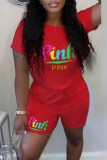 Pink Casual Print Letter O Neck Short Sleeve Two Pieces