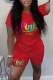 Red Casual Print Letter O Neck Short Sleeve Two Pieces