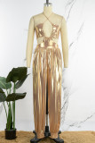 Gold Sexy Solid Hollowed Out Backless Strap Design Halter Regular Jumpsuits