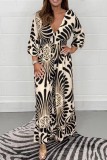 Black Apricot Casual Print Patchwork V Neck Long Dress Dresses