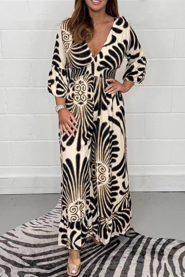 Black Apricot Casual Print Patchwork V Neck Long Dress Dresses
