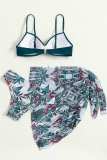 Ink Green Sexy Print Patchwork Backless Swimsuit Three Piece Set (With Paddings)