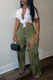 Army Green Casual Solid Hollowed Out Patchwork Regular High Waist Conventional Solid Color Trousers