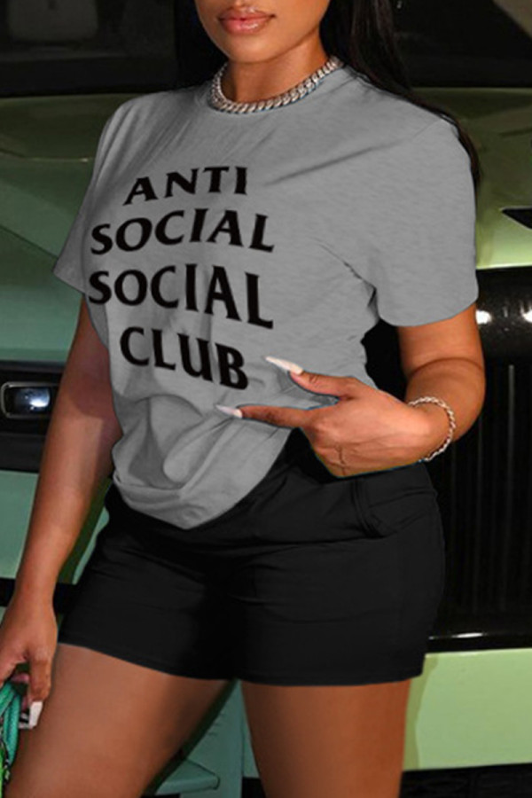 Grey Casual Letter Print Basic O Neck Short Sleeve Two Pieces