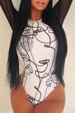 White Sexy Print Frenulum Backless Half A Turtleneck Skinny Bodysuits