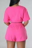 Pink Casual Solid Frenulum Basic O Neck Short Sleeve Two Pieces