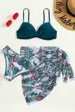 Ink Green Sexy Print Patchwork Backless Swimsuit Three Piece Set (With Paddings)