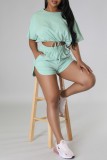 Pink Casual Solid Frenulum Basic O Neck Short Sleeve Two Pieces