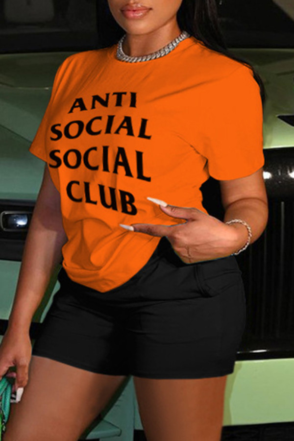 Orange Casual Letter Print Basic O Neck Short Sleeve Two Pieces