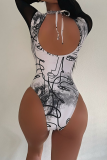White Sexy Print Frenulum Backless Half A Turtleneck Skinny Bodysuits