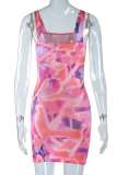 Multicolor Sexy Print Backless Square Collar Vest Dress Dresses